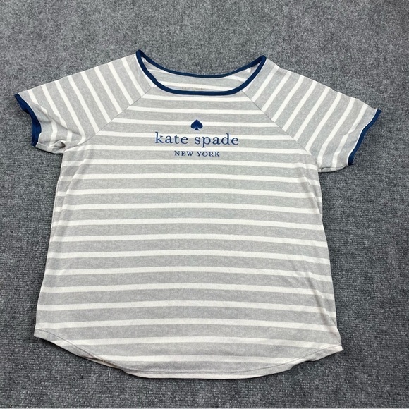 KATE SPADE Women’s Short Sleeved Grey/White Stripe Blue logo T-Shirt size Medium - Picture 1 of 5